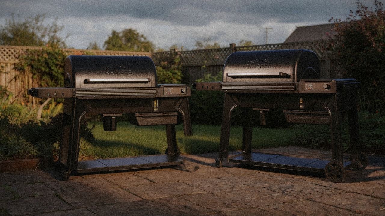 Traeger Ironwood beside Traeger Woodridge Pro, editorial product photography