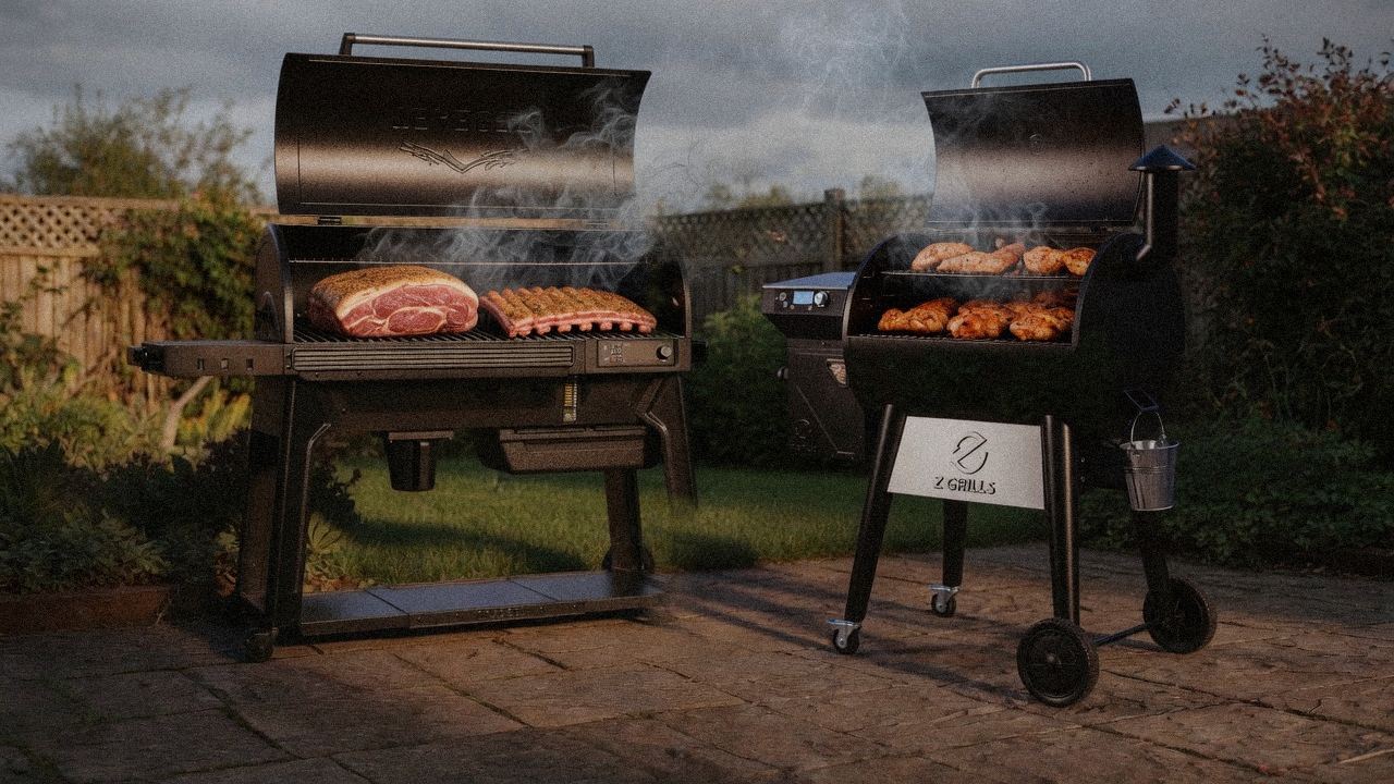 Traeger Ironwood cooking next to Z Grills 700 Series (ZPG-7002), wood pellet grills on the same patio