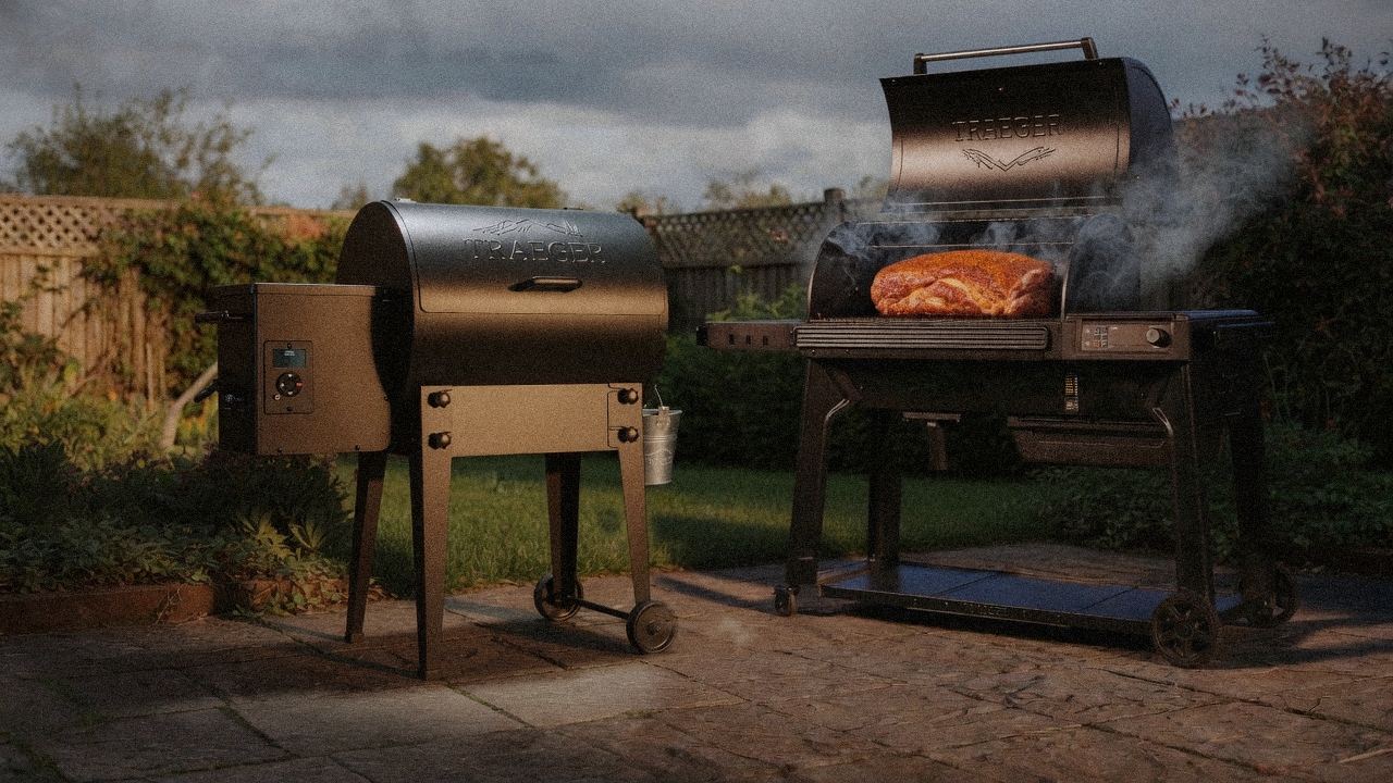 Traeger Tailgater 20 cooking next to Traeger Woodridge Pro, wood pellet grills on the same patio