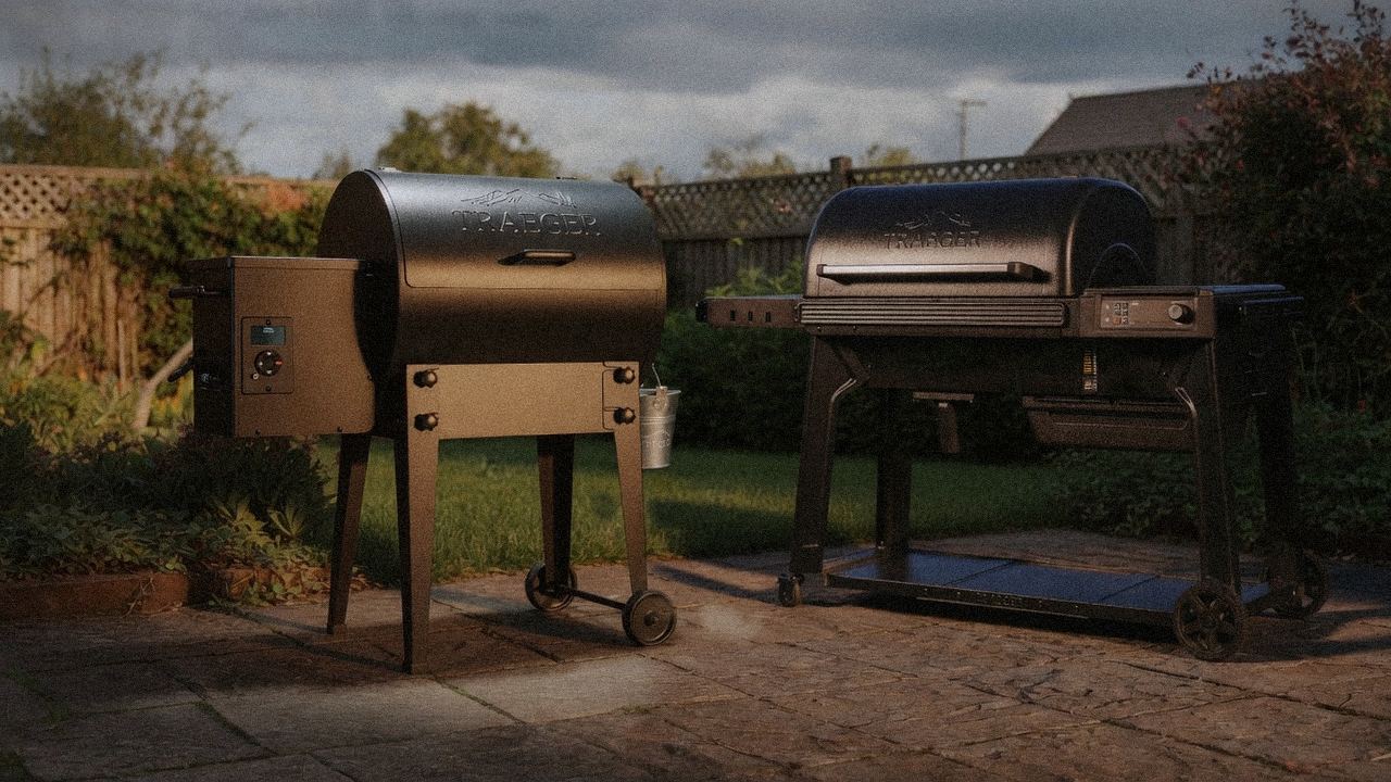 Traeger Tailgater 20 beside Traeger Woodridge Pro, editorial product photography