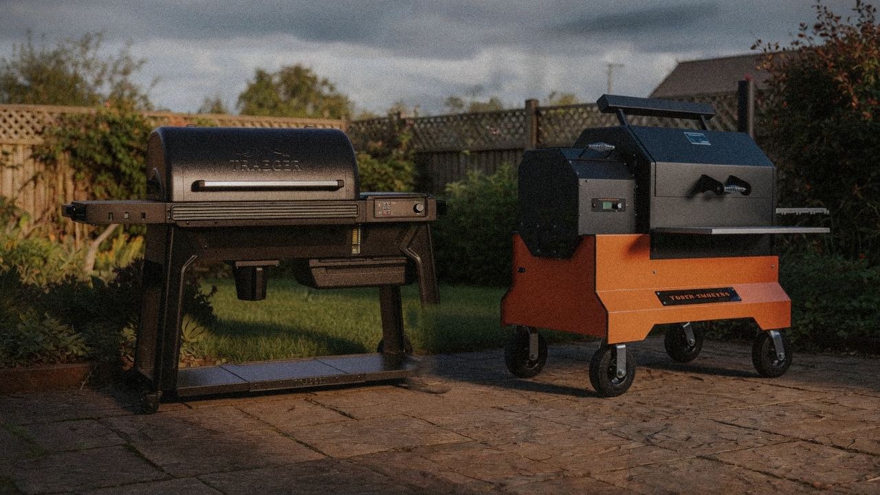 Traeger Timberline beside Yoder Smokers YS640s, editorial product photography