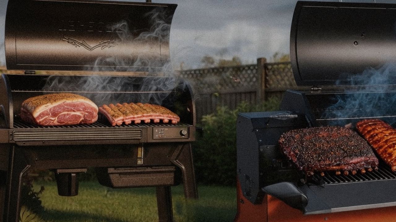 Traeger Woodridge Pro beside Yoder YS640s, official product photography on a dark steel panel