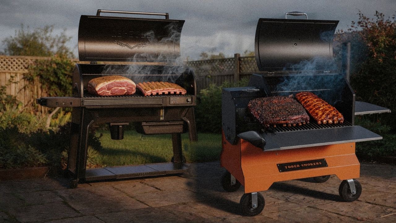 Traeger Woodridge Pro cooking next to Yoder Smokers YS640s, wood pellet grills on the same patio