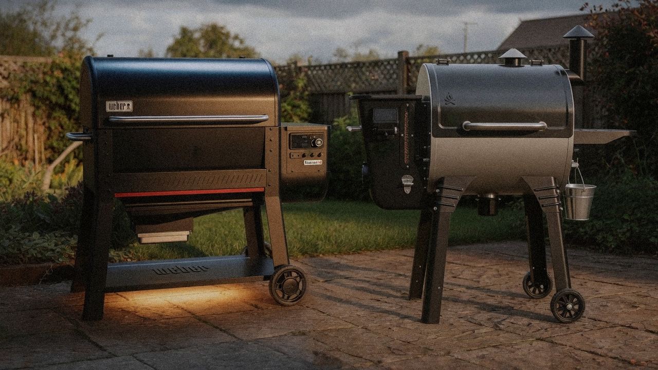 Weber Searwood XL 600 standing next to Camp Chef Woodwind WiFi 24, showing the size and price-tier gap