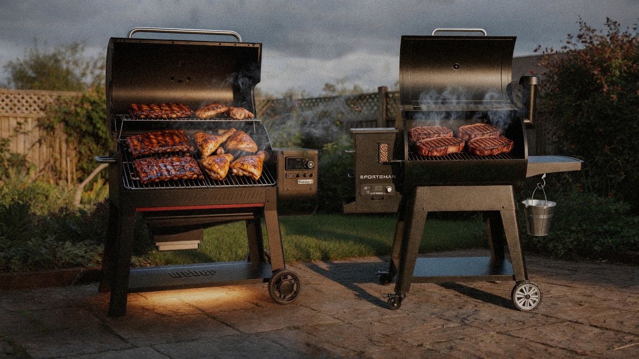 Weber Searwood XL 600 cooking next to Pit Boss Sportsman, wood pellet grills on the same patio