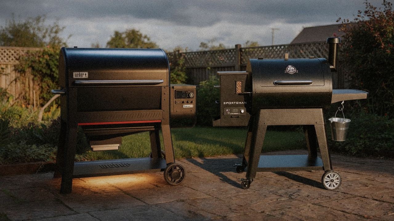 Weber Searwood XL 600 beside Pit Boss Sportsman, editorial product photography