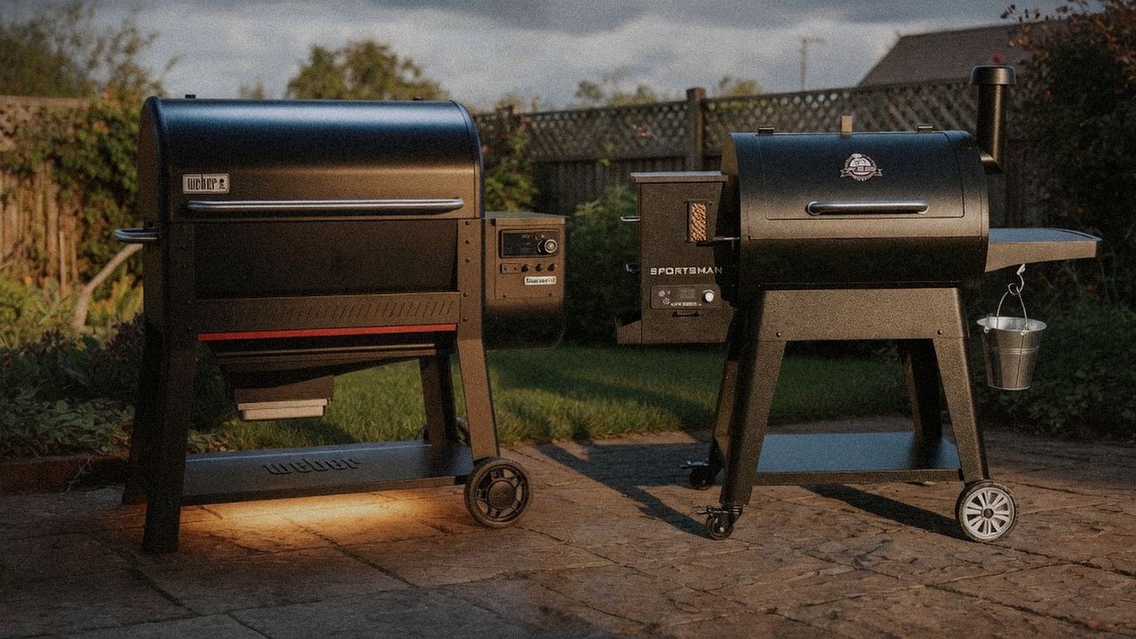 Weber Searwood XL 600 standing next to Pit Boss Sportsman, showing the size and price-tier gap