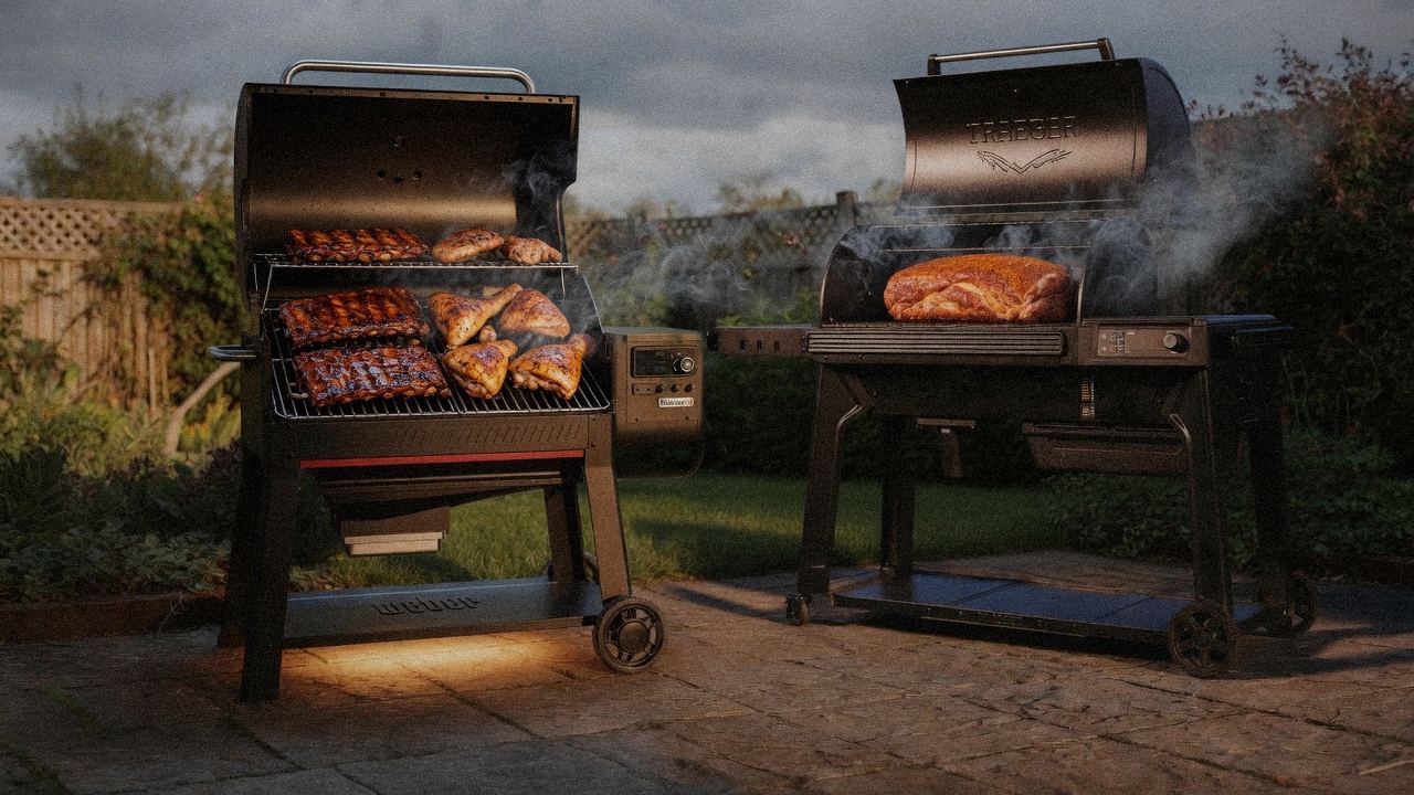 Weber Searwood XL 600 cooking next to Traeger Ironwood, wood pellet grills on the same patio