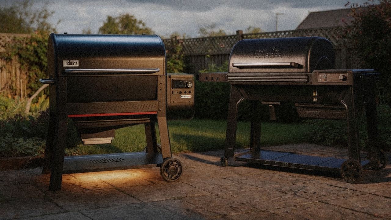 Weber Searwood XL 600 standing next to Traeger Pro 780, showing the size and price-tier gap