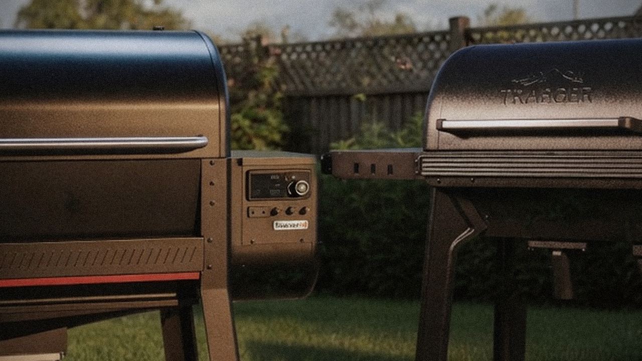 Weber Searwood XL 600 and Traeger Timberline starting up, controllers lit