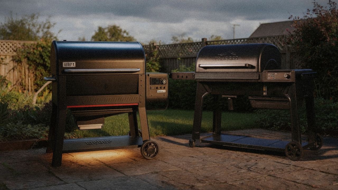 Weber Searwood XL 600 beside Traeger Woodridge Pro, editorial product photography