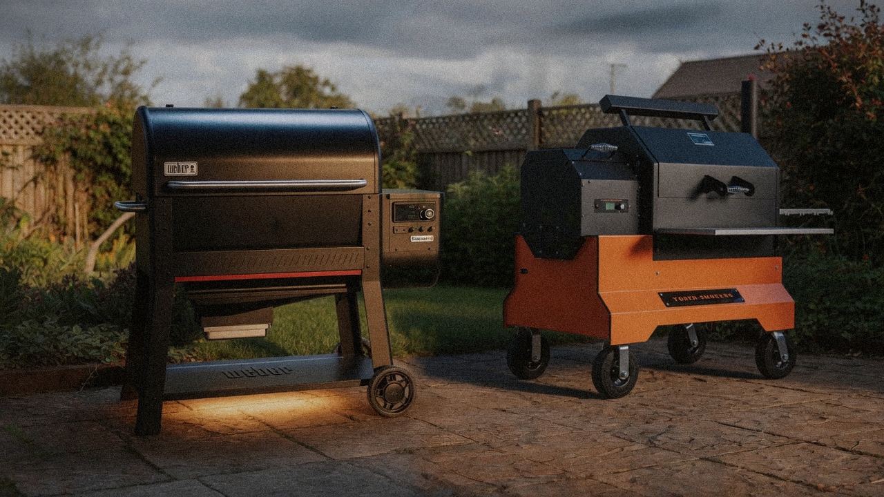 Weber Searwood XL 600 beside Yoder Smokers YS640s, editorial product photography
