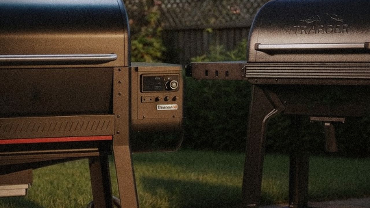 Weber Searwood XL 600 versus Traeger Woodridge Pro on a dusk patio