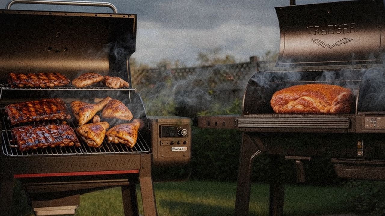 Weber Searwood XL 600 beside Traeger Woodridge Pro, official product photography on a dark steel panel