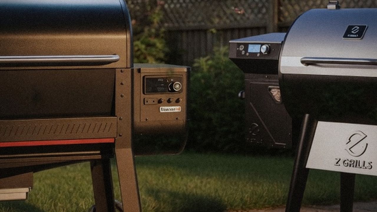Weber Searwood XL 600 beside Z Grills 700 Series, official product photography on a dark steel panel