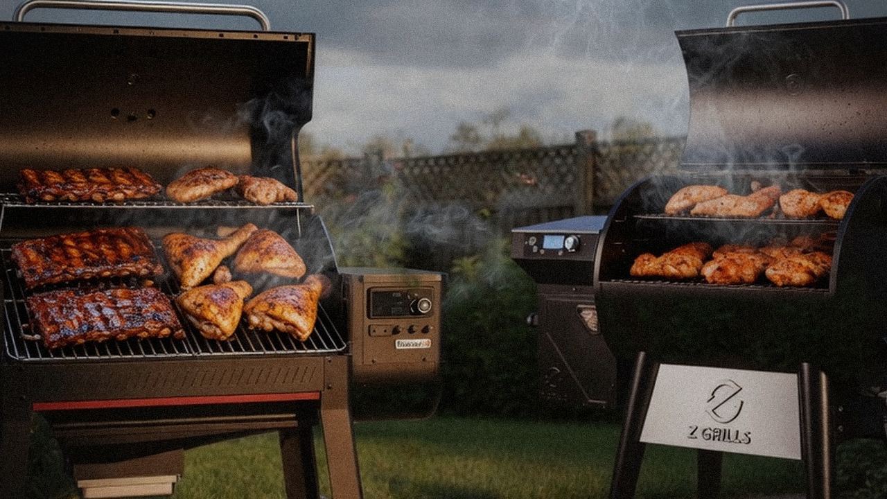 Weber Searwood XL 600 versus Z Grills 700 Series on a dusk patio