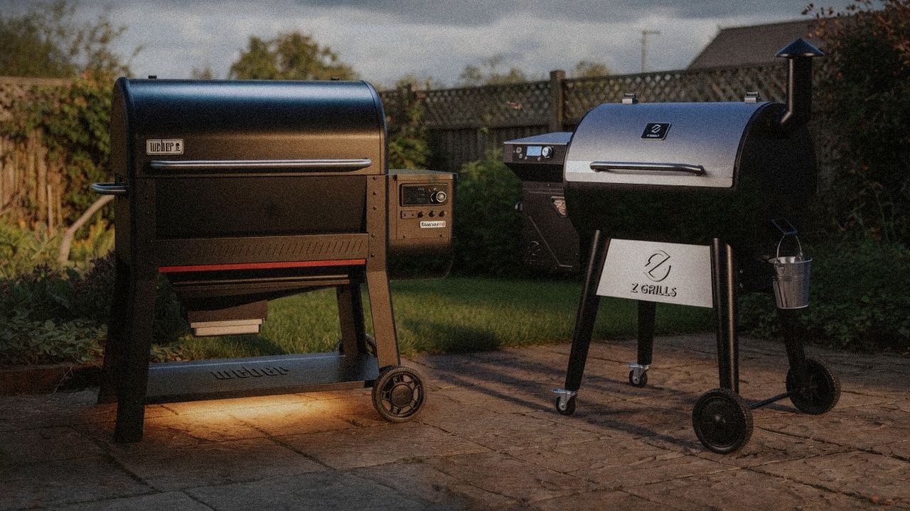 Weber Searwood XL 600 versus Z Grills 700 Series on a dusk patio