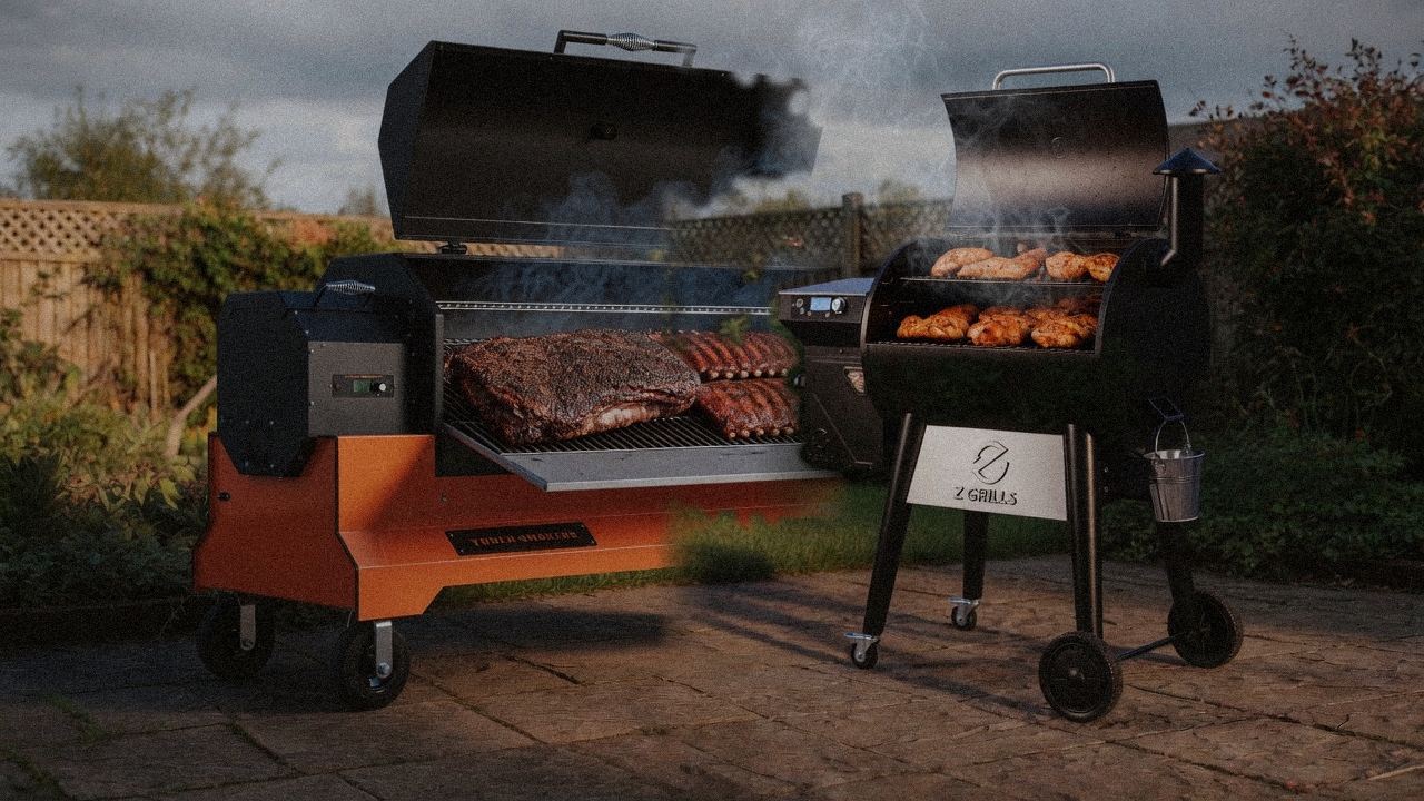 Yoder YS640s beside Z Grills 700 Series, official product photography on a dark steel panel