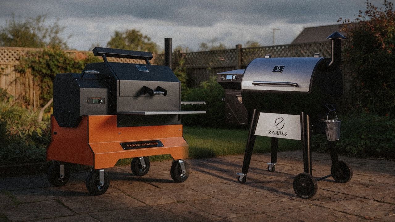 Yoder YS640s beside Z Grills 700 Series, official product photography on a dark steel panel
